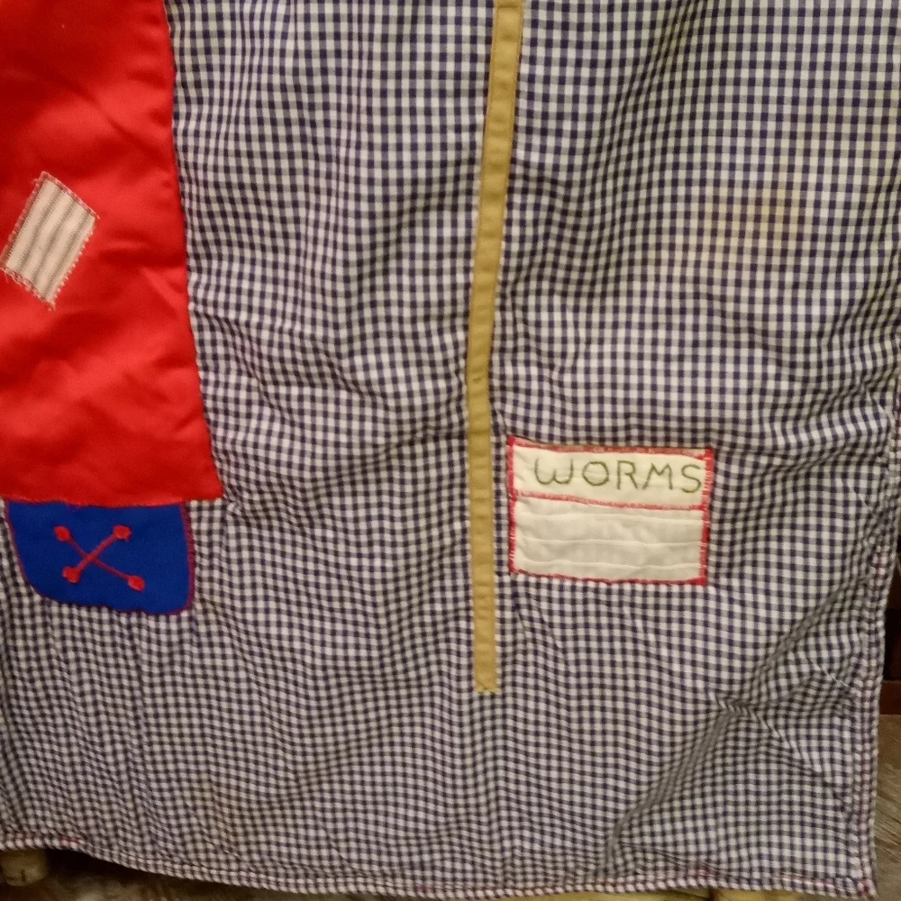 VINTAGE Handcrafted Quilt Child Boy Fishing, Blue, Red & White Checkered 53x44